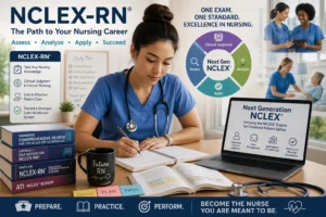 Nurse preparing for the NCLEX exam using a comprehensive study guide