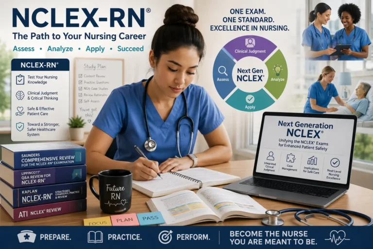 Nurse preparing for the NCLEX exam using a comprehensive study guide