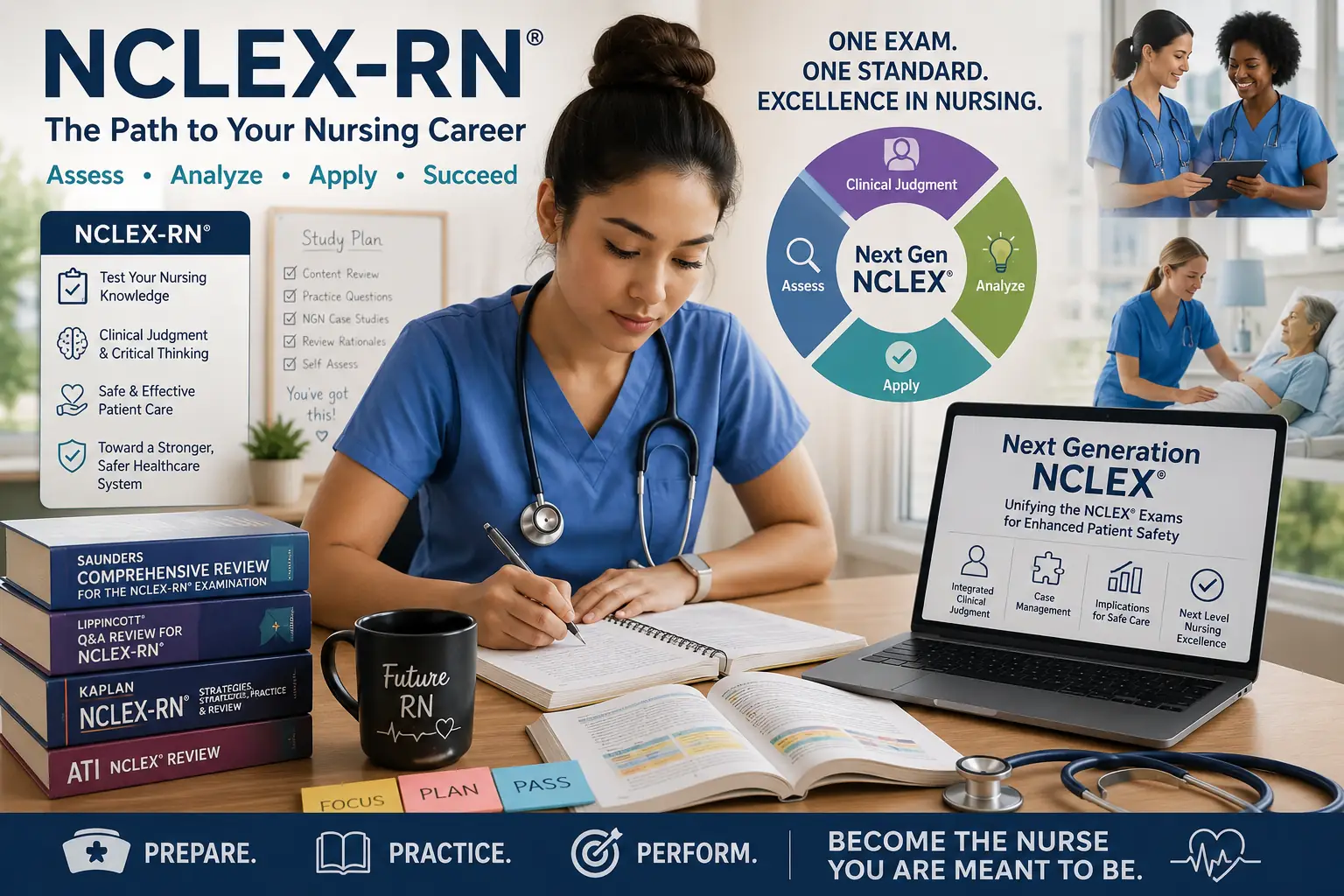 Nurse preparing for the NCLEX exam using a comprehensive study guide