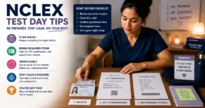 Nursing candidate focused on an NCLEX exam question at a testing center