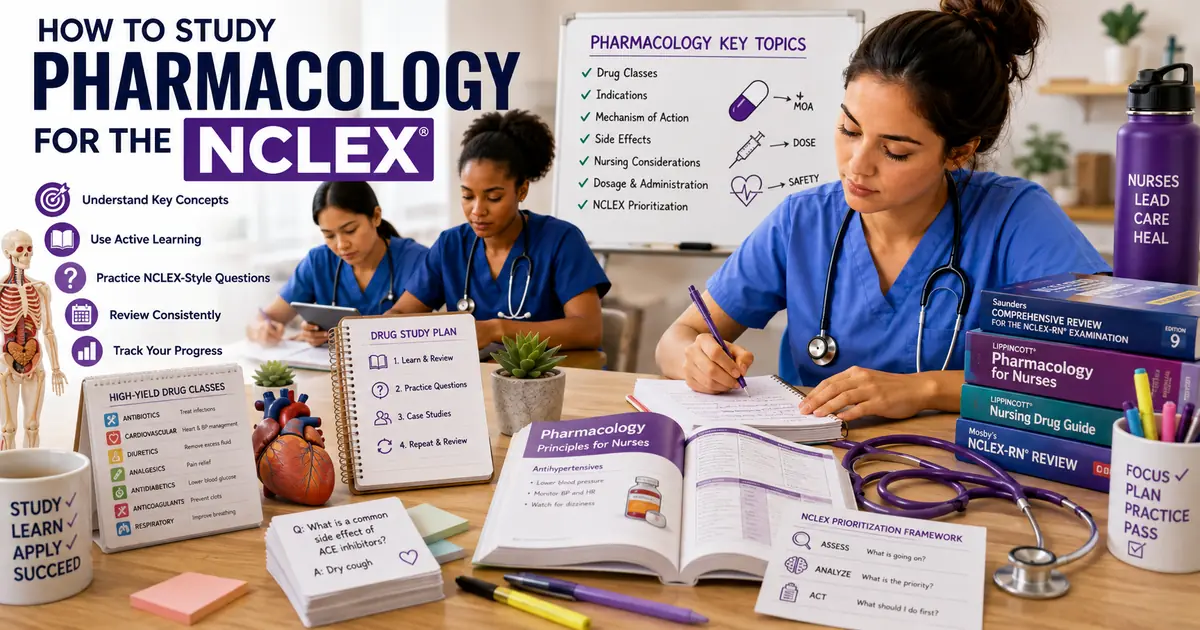  Nursing student reviewing medication classification notes while preparing for NCLEX pharmacology questions