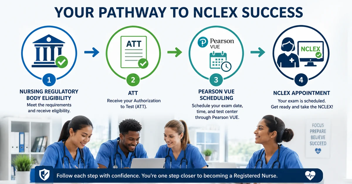 Visual pathway showing NCLEX eligibility, ATT issuance, scheduling, and exam appointment steps